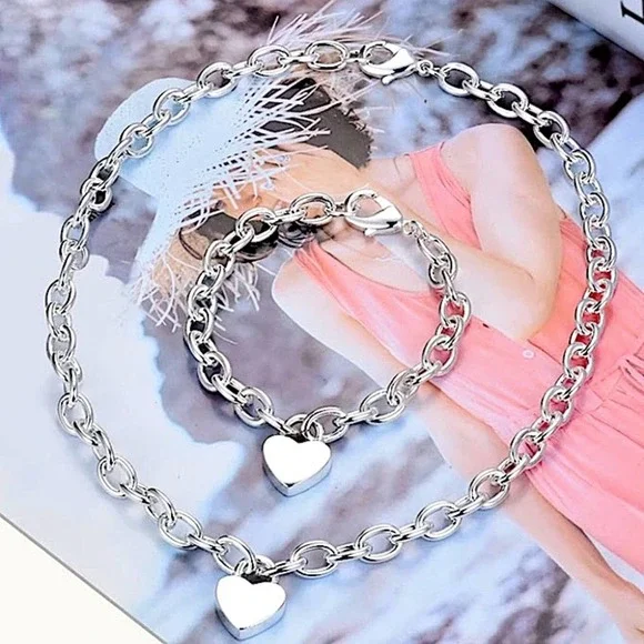 Boho Sterling Silver Heart Lock Pendant Necklace Bracelet Set - Picture 5 of 6